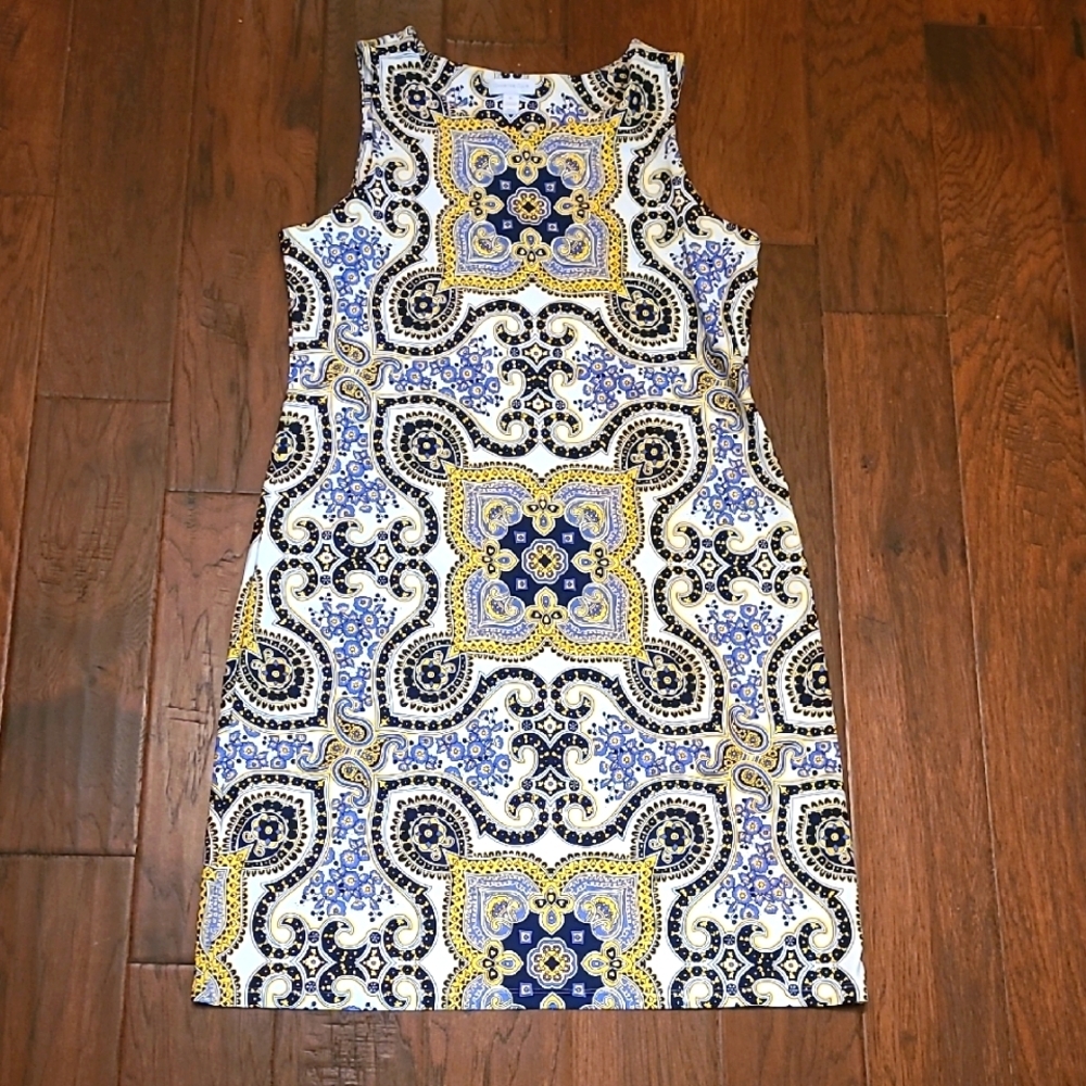 Charter Club Sleeveless Medallion Print Sheath Dress in White, Blue & Yellow